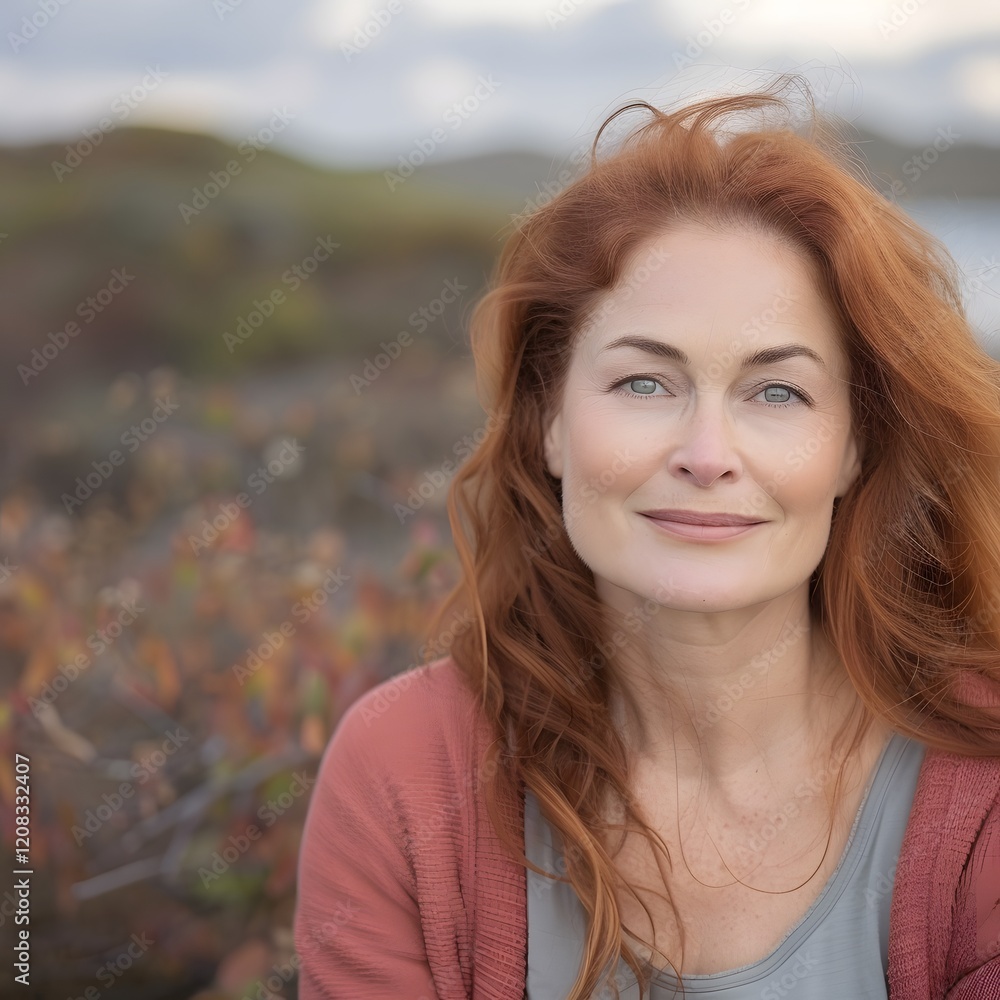Fototapeta premium Woman, redhead, coastal, serene, autumn, portrait, outdoors, windblown, beauty, happiness