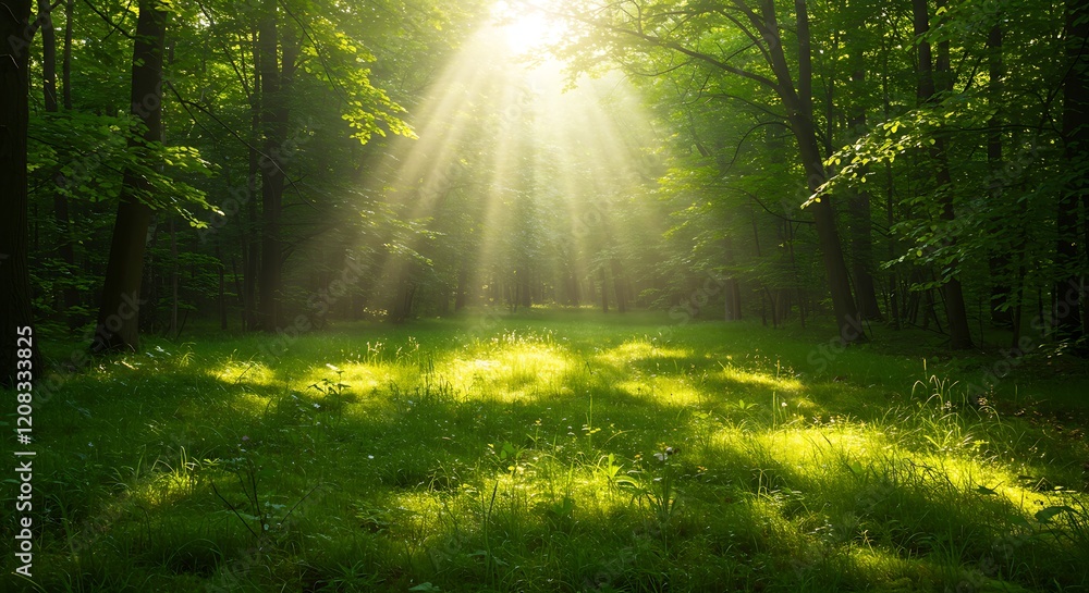 Obraz premium Sunlight streams through a vibrant green forest.