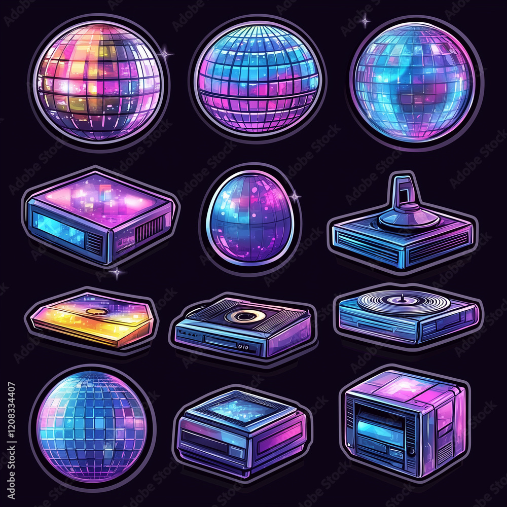Retro set of icons of 90s. Pop art sticker collection for 1990 born baby. Badge for hipsters with disco ball and sunglasses, boombox and roller, cassette. Vintage isolated element. Old cartoon design
