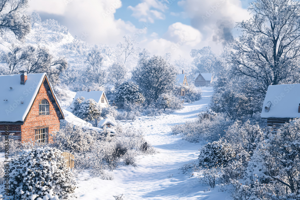 Naklejka premium Snowy landscape with a path leading to a village. The houses are small and made of brick. The scene is peaceful and serene, with the snow covering the ground and trees