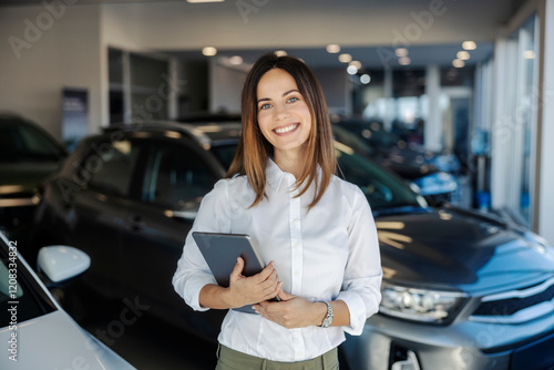 Foto Portrait of a confident professional female car dealer standing in car showroom with tablet in hands