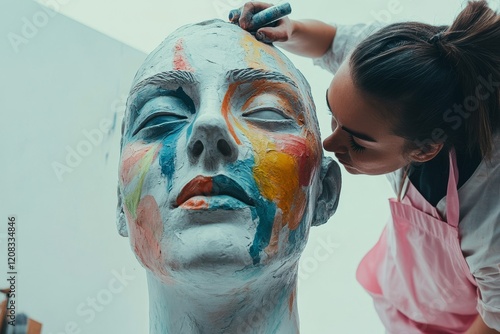 A woman holding a plaster statue of Antinous's head. Conceptual photography addressing art and gender, with room for copy photo