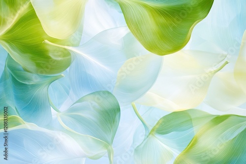 Abstract green and blue leaf pattern with soft light and airy feel