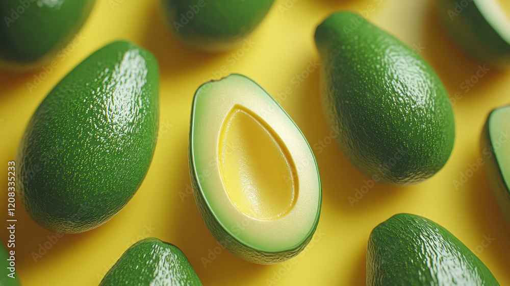 Whole avocados yellow background, top view avocado leaves, space for text, vegetarian food, vitamin Whole avocados yellow background, top view avocado leaves, space for text, vegetarian food, vitamin