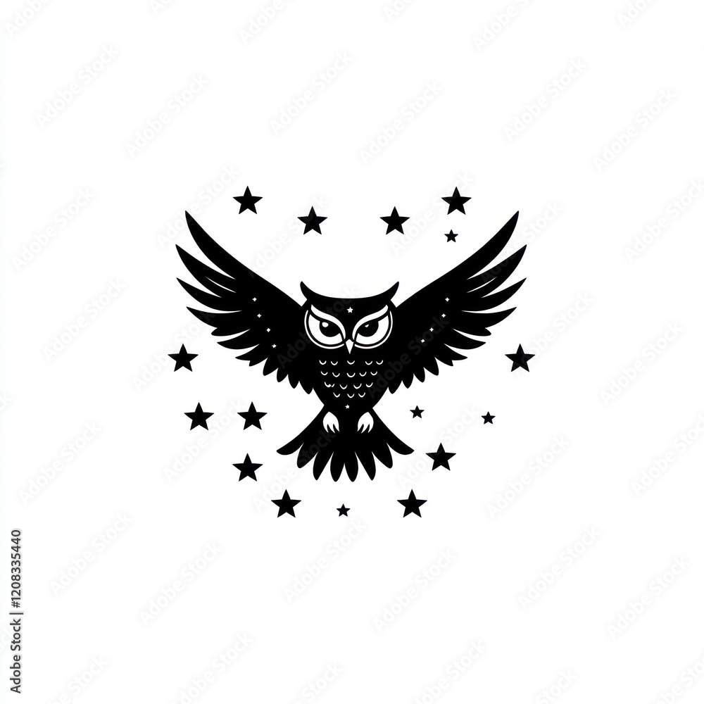Obraz premium Black owl with spread wings flies among stars for educational or nature projects