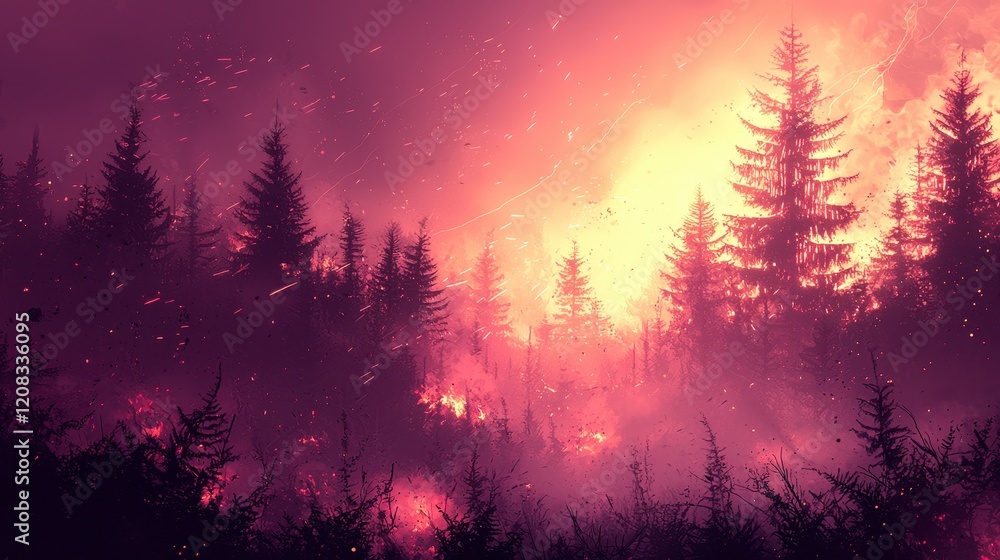 Fiery sunset illuminates a forest fire, embers float in smoky air. Fiery sunset illuminates a forest fire, embers float in smoky air.
