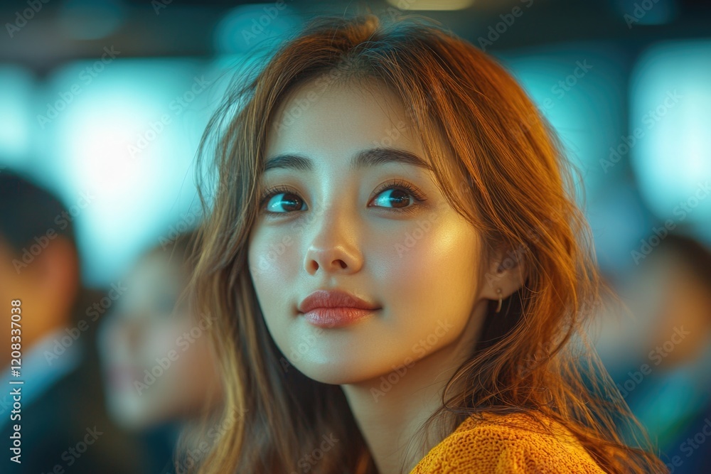 A portrait of a young woman with long brown hair wearing a bright yellow sweater, suitable for use in editorial or commercial contexts A portrait of a young woman with long brown hair wearing a bright yellow sweater, suitable for use in editorial or commercial contexts