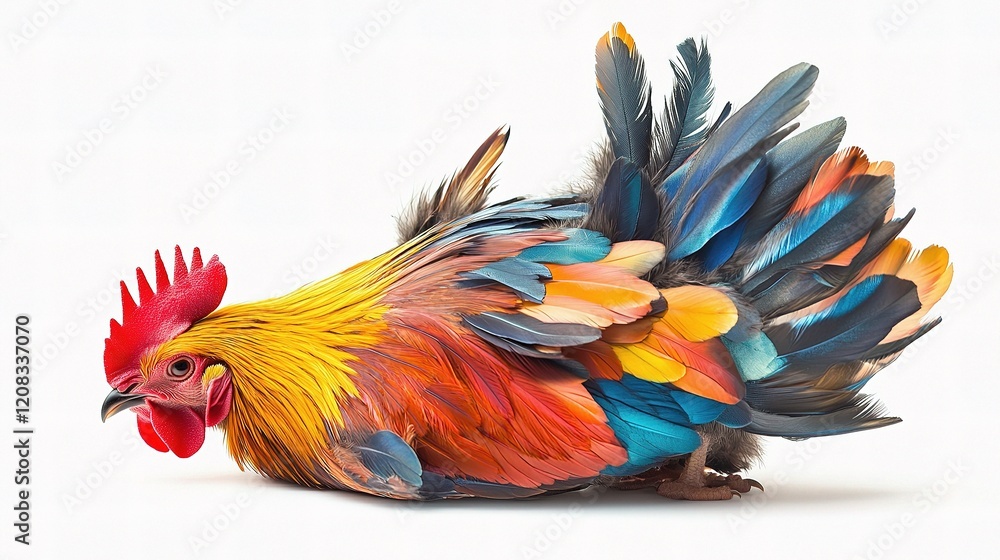 Fototapeta premium Chicken with Vibrant Feathers Isolated on White Background