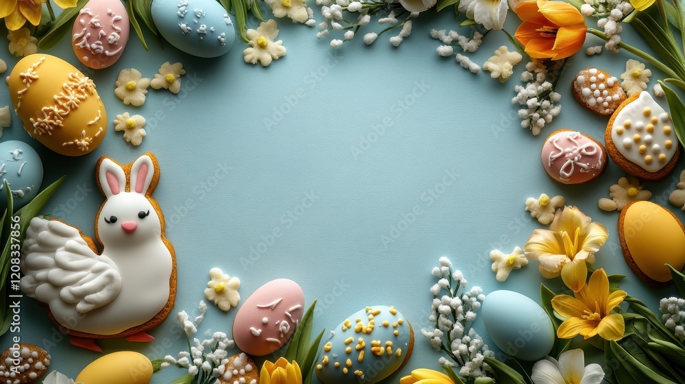 Easter celebration frame with decorative sweets and gingerbread cookies for festive design Easter celebration frame with decorative sweets and gingerbread cookies for festive design