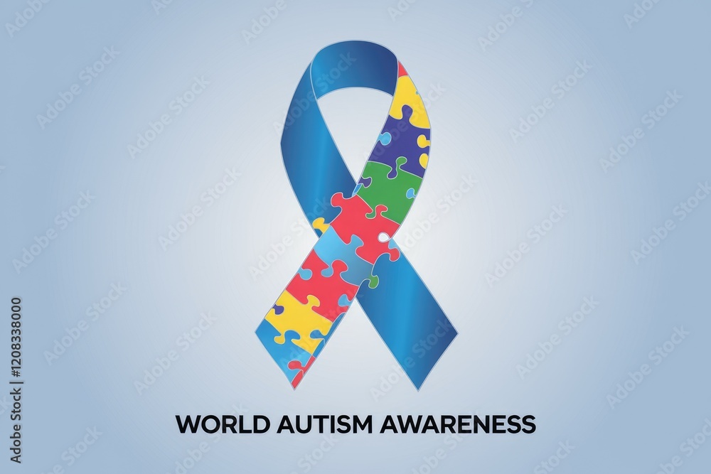 Fototapeta premium World Autism Awareness Day: A blue ribbon with puzzle pieces representing unity and support for autistic individuals.