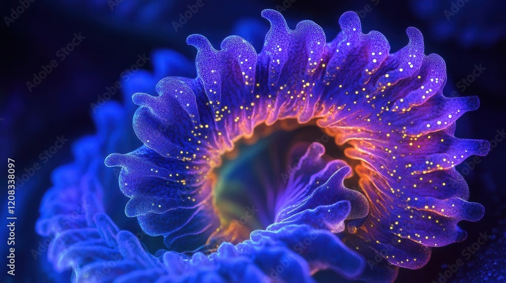Obraz premium bioluminescent microorganisms flowing in spiral patterns, ethereal blue and purple hues, microscopic world with glowing cellular structures, abstract scientific visualization