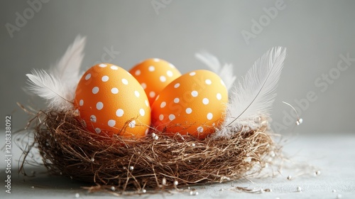 Vibrant orange easter eggs in a nest with feathers for festive decoration