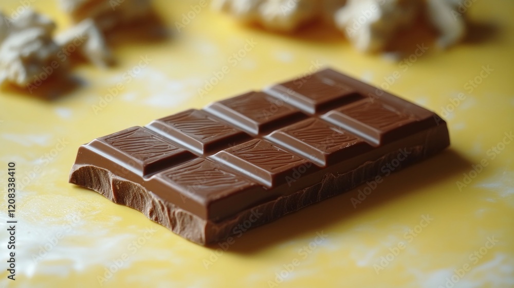A piece of chocolate sits alone on a table, perfect for a snack or dessert A piece of chocolate sits alone on a table, perfect for a snack or dessert