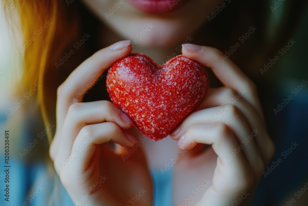 A close-up shot of a person holding a sweet and juicy heart-shaped strawberry A close-up shot of a person holding a sweet and juicy heart-shaped strawberry