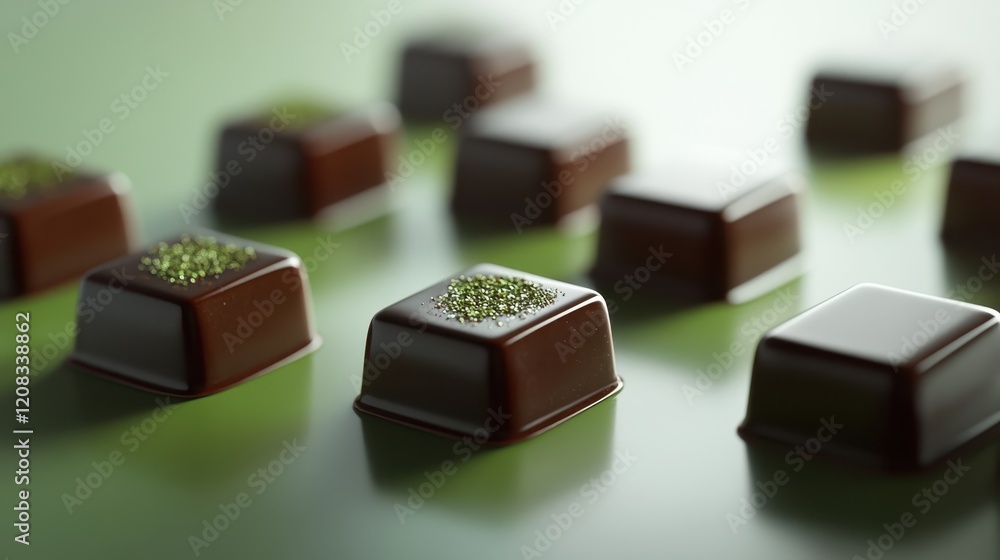 Delicious square chocolates with green sprinkles on smooth green surface Delicious square chocolates with green sprinkles on smooth green surface