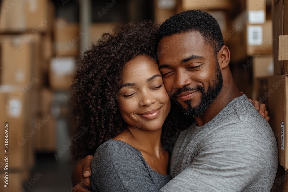 A pair embracing in an industrial setting A pair embracing in an industrial setting