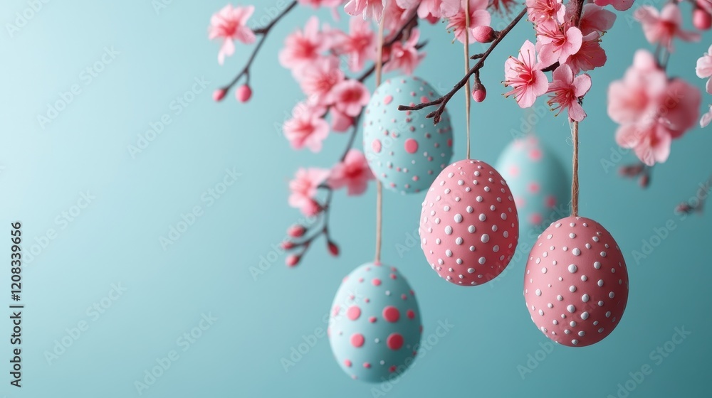 Easter decoration with hanging pastel pink and blue eggs and cherry blossoms Easter decoration with hanging pastel pink and blue eggs and cherry blossoms