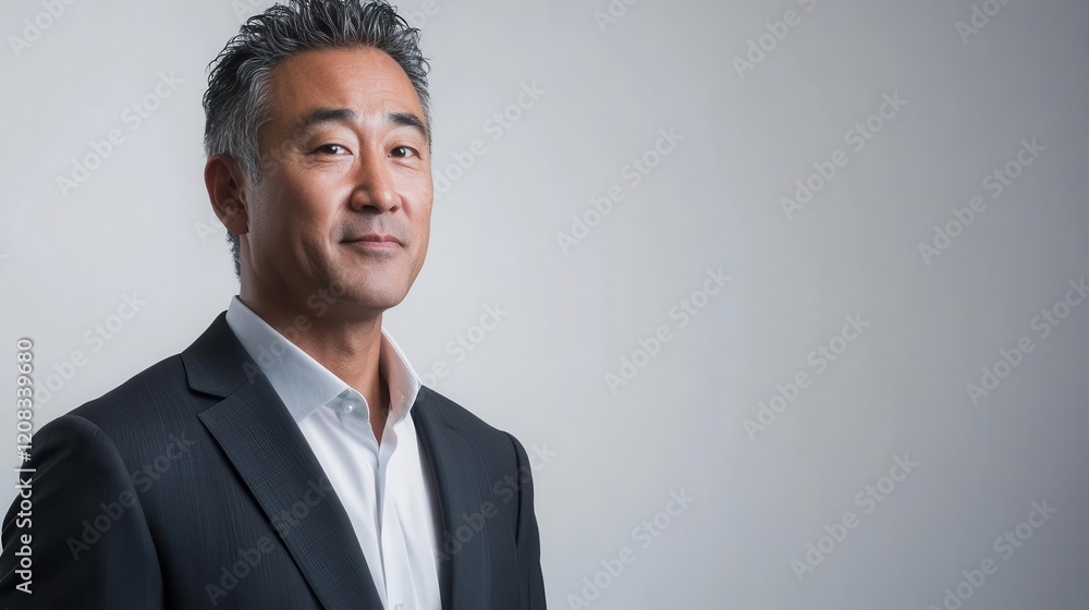 contemplative asian businessman in charcoal suit against minimal white backdrop, dramatic side lighting, thoughtful expression, architectural composition contemplative asian businessman in charcoal suit against minimal white backdrop, dramatic side lighting, thoughtful expression, architectural composition