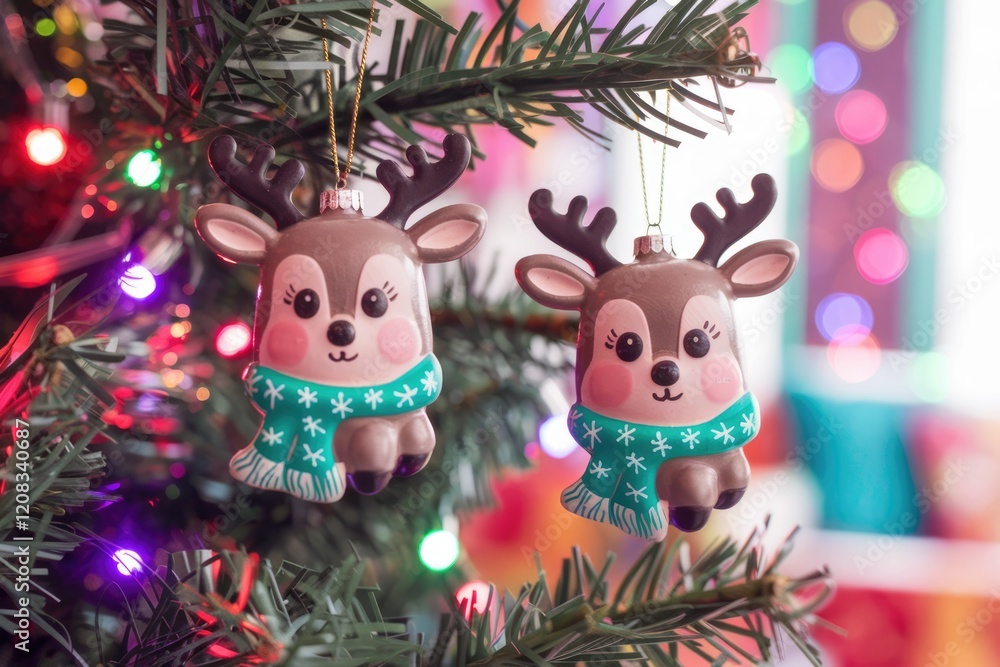 Fototapeta premium Adorable reindeer ornaments adorn a Christmas tree, adding festive charm.