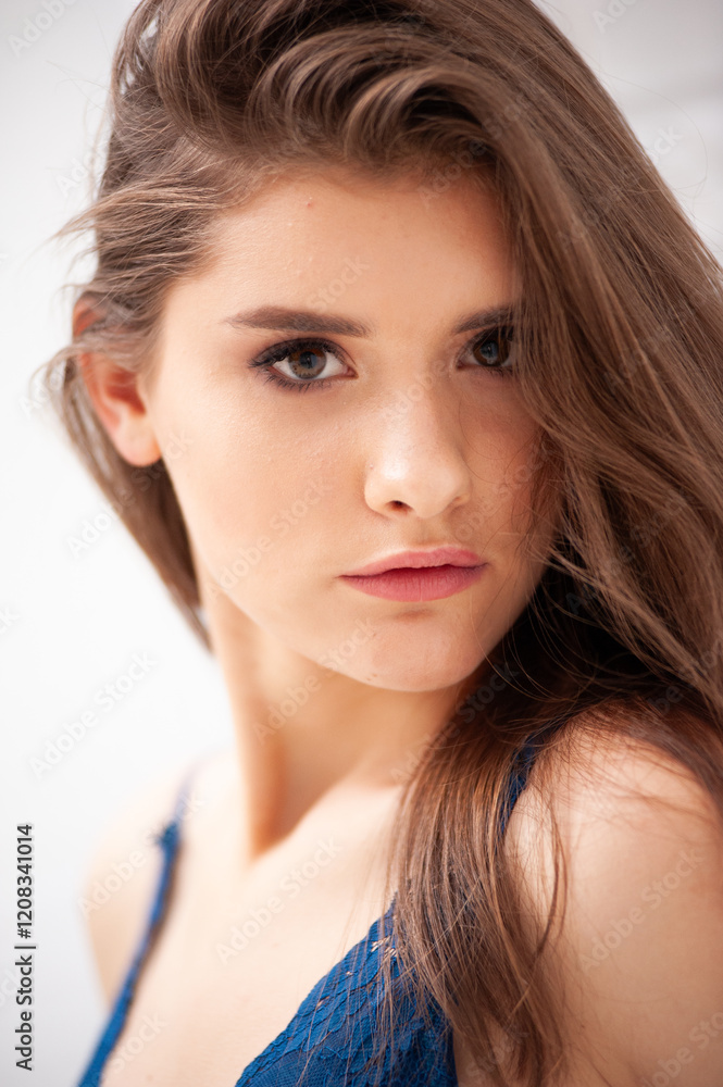 portrait of beautiful tender young natural woman in lingerie posing in white interior portrait of beautiful tender young natural woman in lingerie posing in white interior