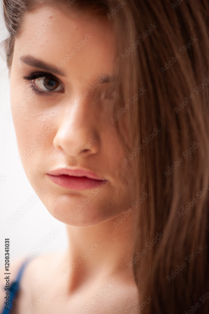 portrait of beautiful tender young natural woman in lingerie posing in white interior portrait of beautiful tender young natural woman in lingerie posing in white interior
