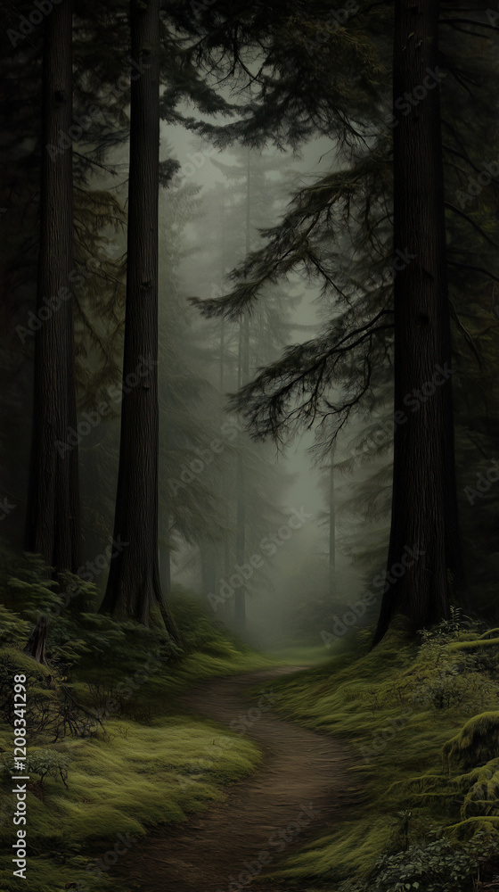 Fototapeta premium Misty Forest Pathway Surrounded by Towering Trees - Hauntingly Beautiful Landscape