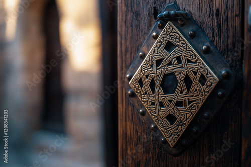 Close-up view of a beautifully designed mezuzah attached to a wooden doorway showcasing intricate details and craftsmanship photo