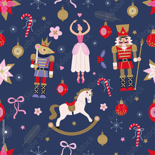 Nutcracker Seamless Pattern. Christmas Ornament with nutcracker, ballerina and mouse King. Christmas decoration toys and decoration.