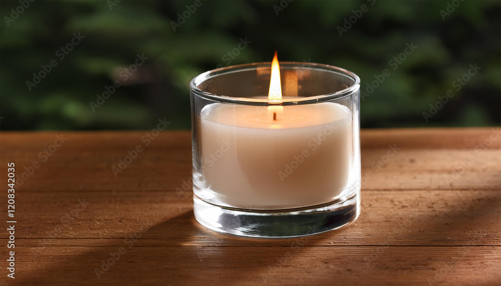 a single lit candle sitting in a glass container on a wooden table a single lit candle sitting in a glass container on a wooden table