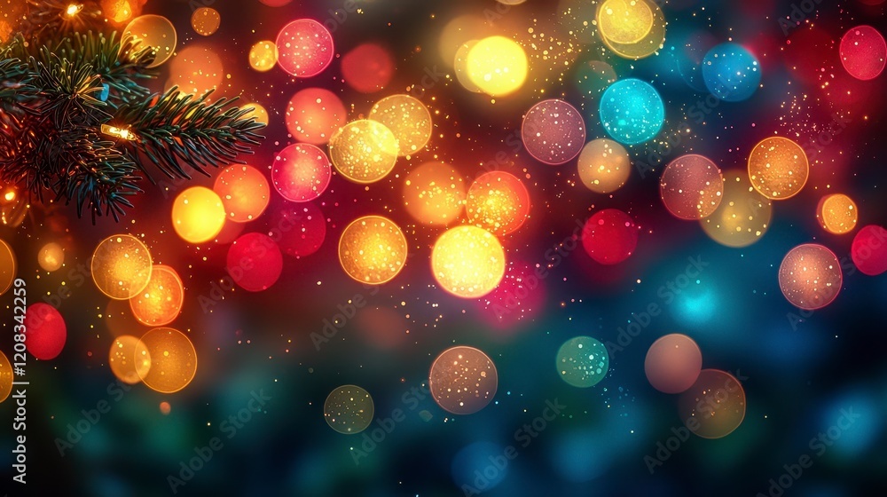 Festive bokeh lights with pine branch. Festive bokeh lights with pine branch.