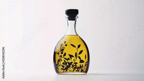 Isolated Glass Bottle of Olive Oil with Leaf Design on White Background photo