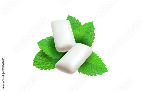 Realistic pads of bubble gum with mint flavour. Green spearmint leaves Chewing gums for healthy teeth. Bubblegum with refreshing menthol extract