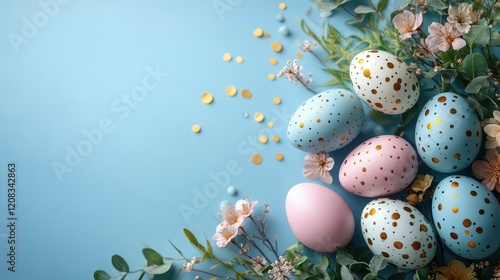 Spring easter background with pastel colored eggs and blossoms for festive designs