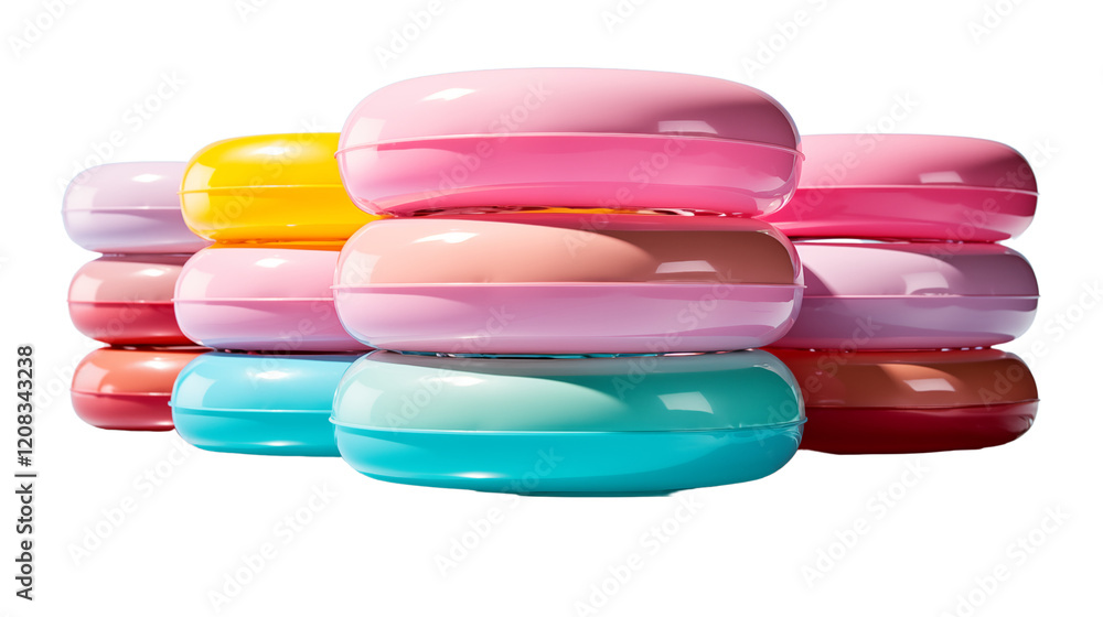 Bright pastel inflatable pool rings stacked up for vibrant poolside decor, studio view, isolated on transparent background. Bright pastel inflatable pool rings stacked up for vibrant poolside decor, studio view, isolated on transparent background.