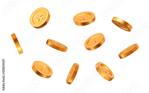 3d flying golden coins set with clover leaves pattern. St. Patrick's Day shiny element. Rich or casino luck concept. Precious expensive treasure. Stock vector illustration.