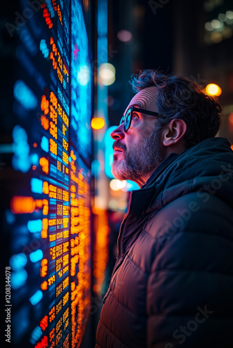 A man looking up at a stock market board at night