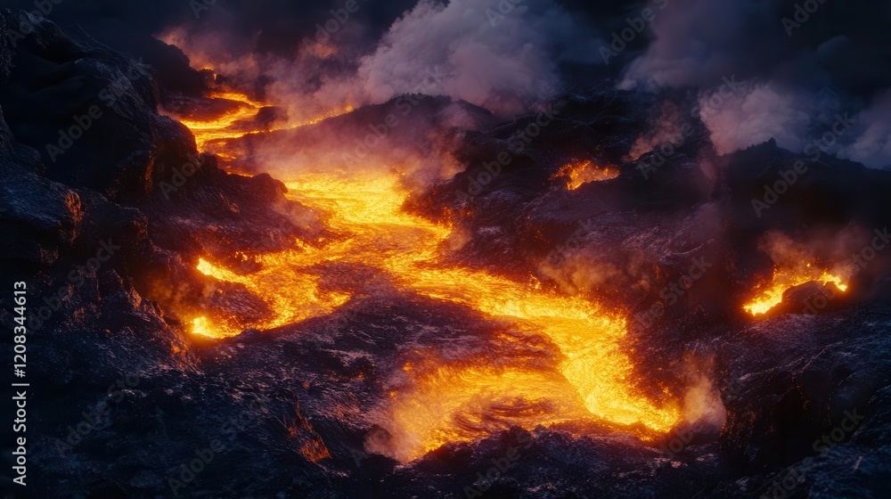 dramatic volcanic landscape at twilight, viscous magma flowing in glowing orange rivers, steam rising, dark volcanic rock, cinematic composition dramatic volcanic landscape at twilight, viscous magma flowing in glowing orange rivers, steam rising, dark volcanic rock, cinematic composition