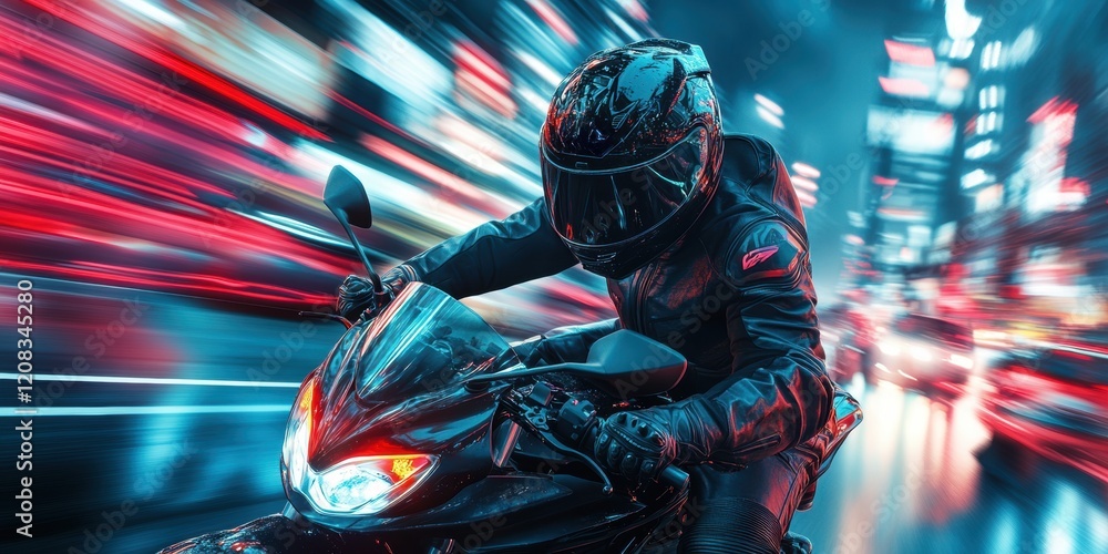 Focused motorcyclist in reflective black gear speeding under vibrant neon city lights. Energy, precision and style in motorsport. Focused motorcyclist in reflective black gear speeding under vibrant neon city lights. Energy, precision and style in motorsport.