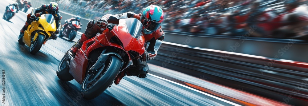 Obraz premium Two motorcyclists in red and yellow gear speeding neck-and-neck during a thrilling race, with blurred stands in the background.
