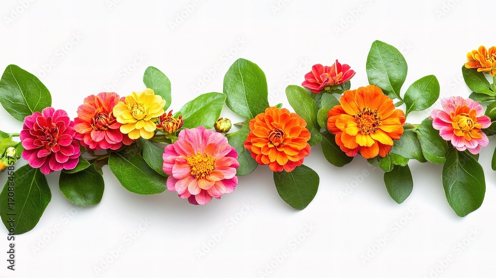 Obraz premium Vibrant Flower Blooms with Green Leaves Isolated on White Background