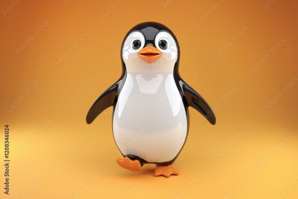 Fototapeta premium A cute, cartoon penguin takes a stroll on an orange background.