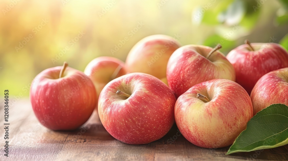 Fresh red apples on wooden table with sunlight and green leaves in background Fresh red apples on wooden table with sunlight and green leaves in background
