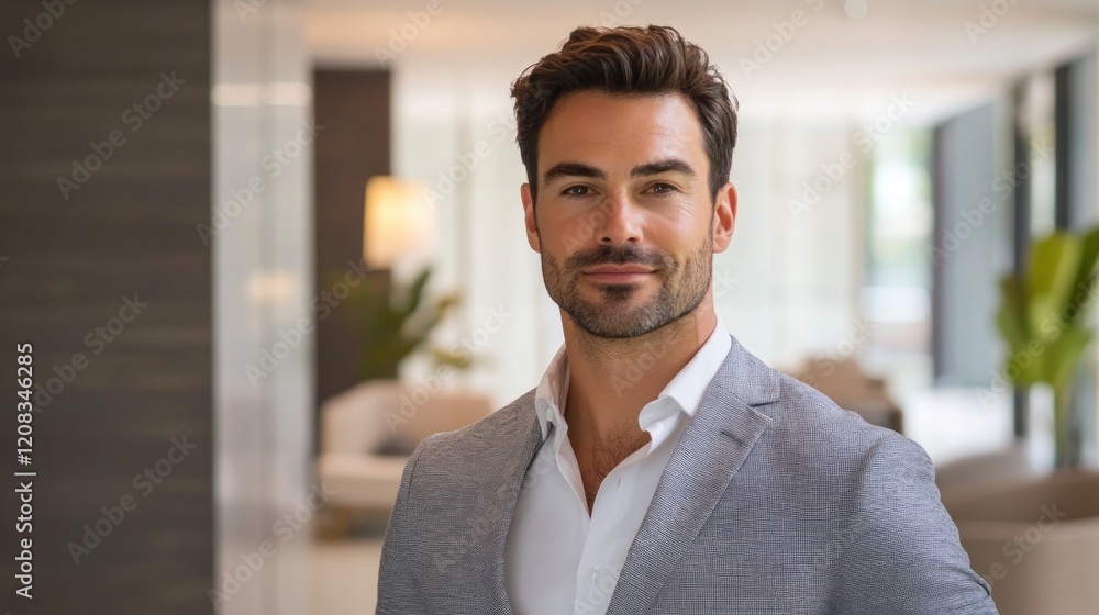 Confident man smiling, office lobby, blurred background, headshot Confident man smiling, office lobby, blurred background, headshot
