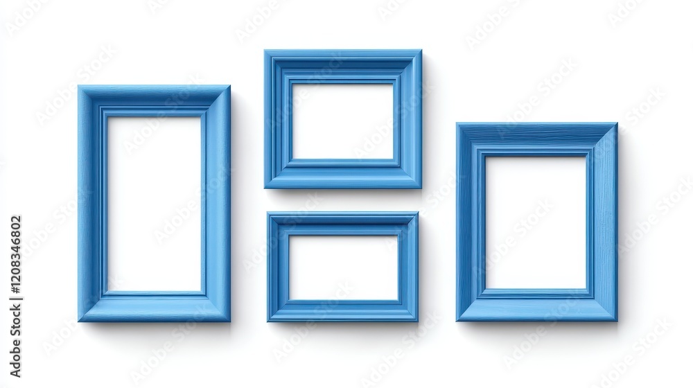 Set of four blue wooden picture frames on white background Set of four blue wooden picture frames on white background