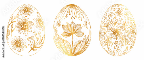 Vector Freehand golden set linear Easter eggs with an intricate floral pattern in line art style scribble isolated on white background. Handwritten doodles and pencil strokes. Hand drawn gold creating