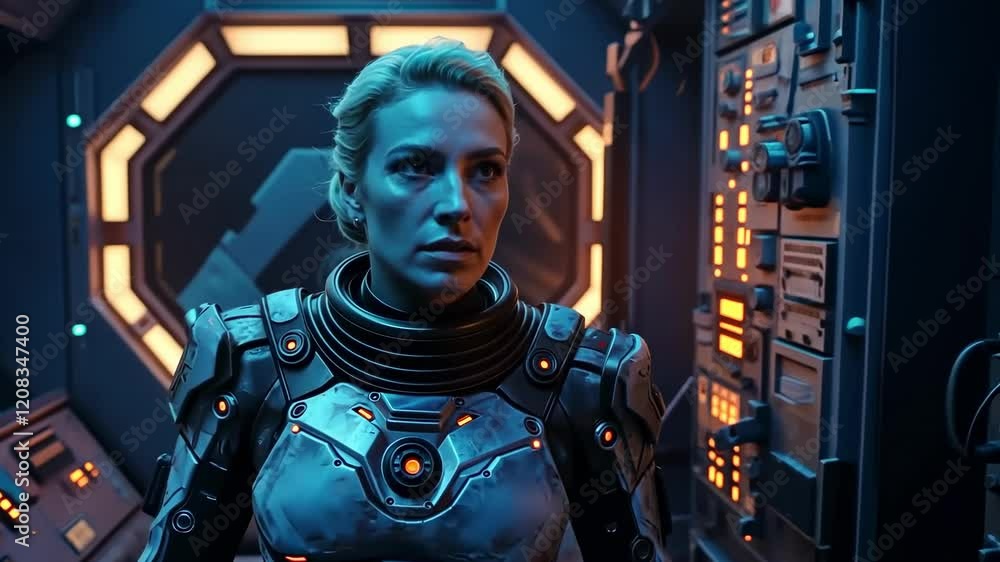 Astronaut navigates futuristic spacecraft corridor with determination and focus Astronaut navigates futuristic spacecraft corridor with determination and focus