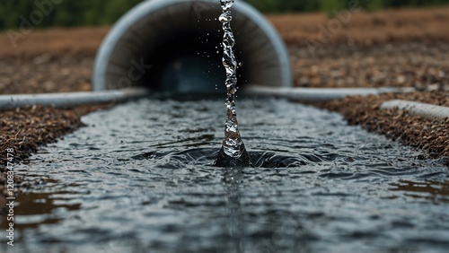 Water Flowing from Pipe into Irrigation Ditch, Creating Ripples and Splashes, Efficient Water Distribution for Agriculture
 photo