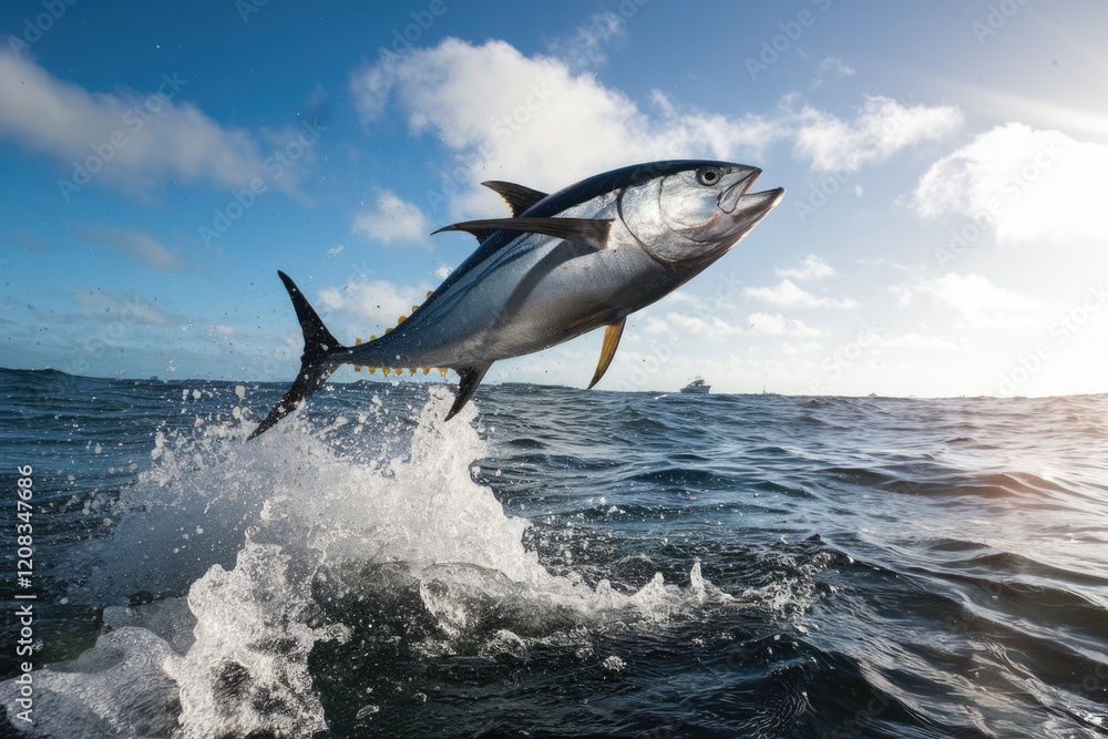 Fototapeta premium A magnificent tuna leaps from the ocean, creating a splash of water under a bright sky.