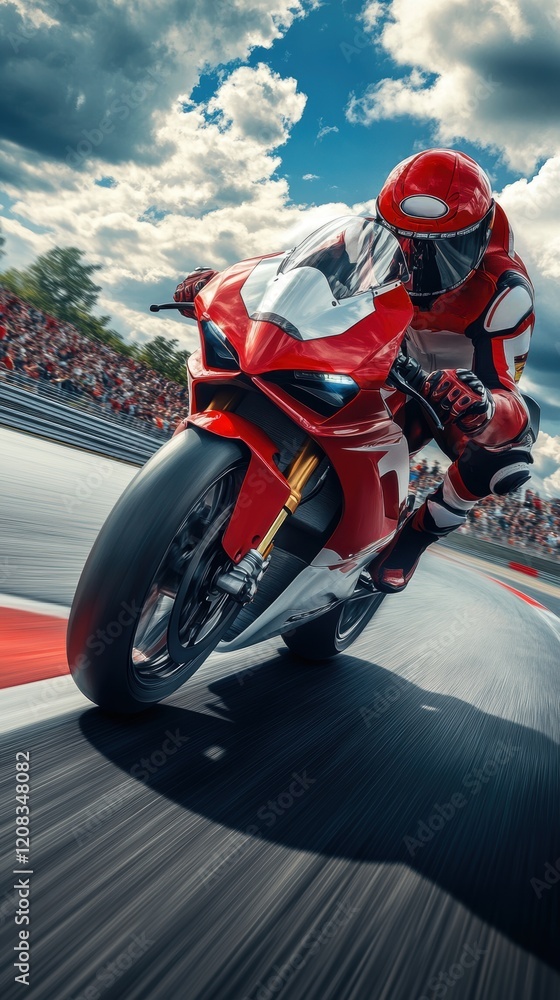 A professional motorcyclist in red racing gear riding fast on a sunlit racetrack, with spectators in the background cheering. A professional motorcyclist in red racing gear riding fast on a sunlit racetrack, with spectators in the background cheering.