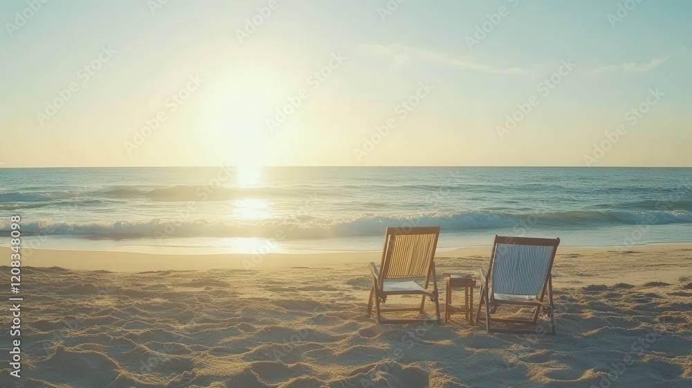 Tranquil beach sunrise with empty chairs on sandy shore Tranquil beach sunrise with empty chairs on sandy shore
